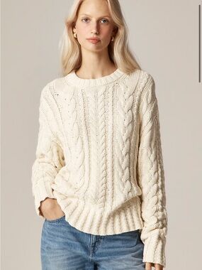 J.Crew Cable Knit Cotton Crewneck Sweater Ivory Cream CN860 Womens XS